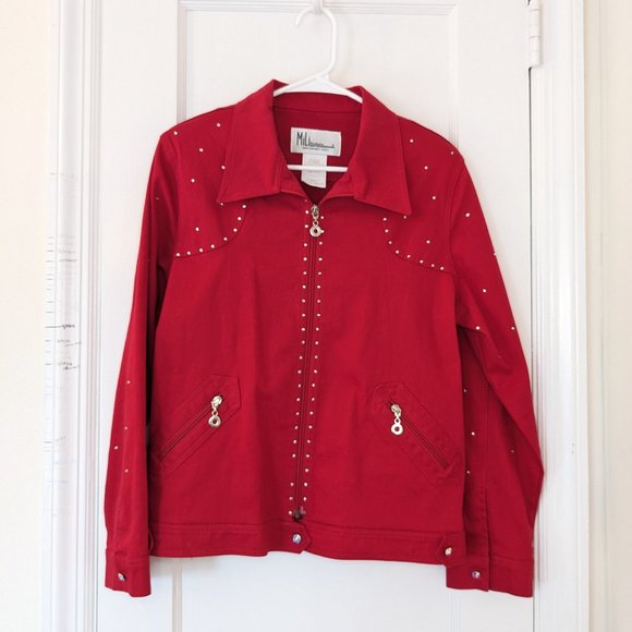 3/$15 Vintage 80s Red Jacket w Crystal Buttons, Rhinestones, & Shoulder Pads - Picture 6 of 10